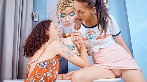 Lesbians share ice-cream and dildo